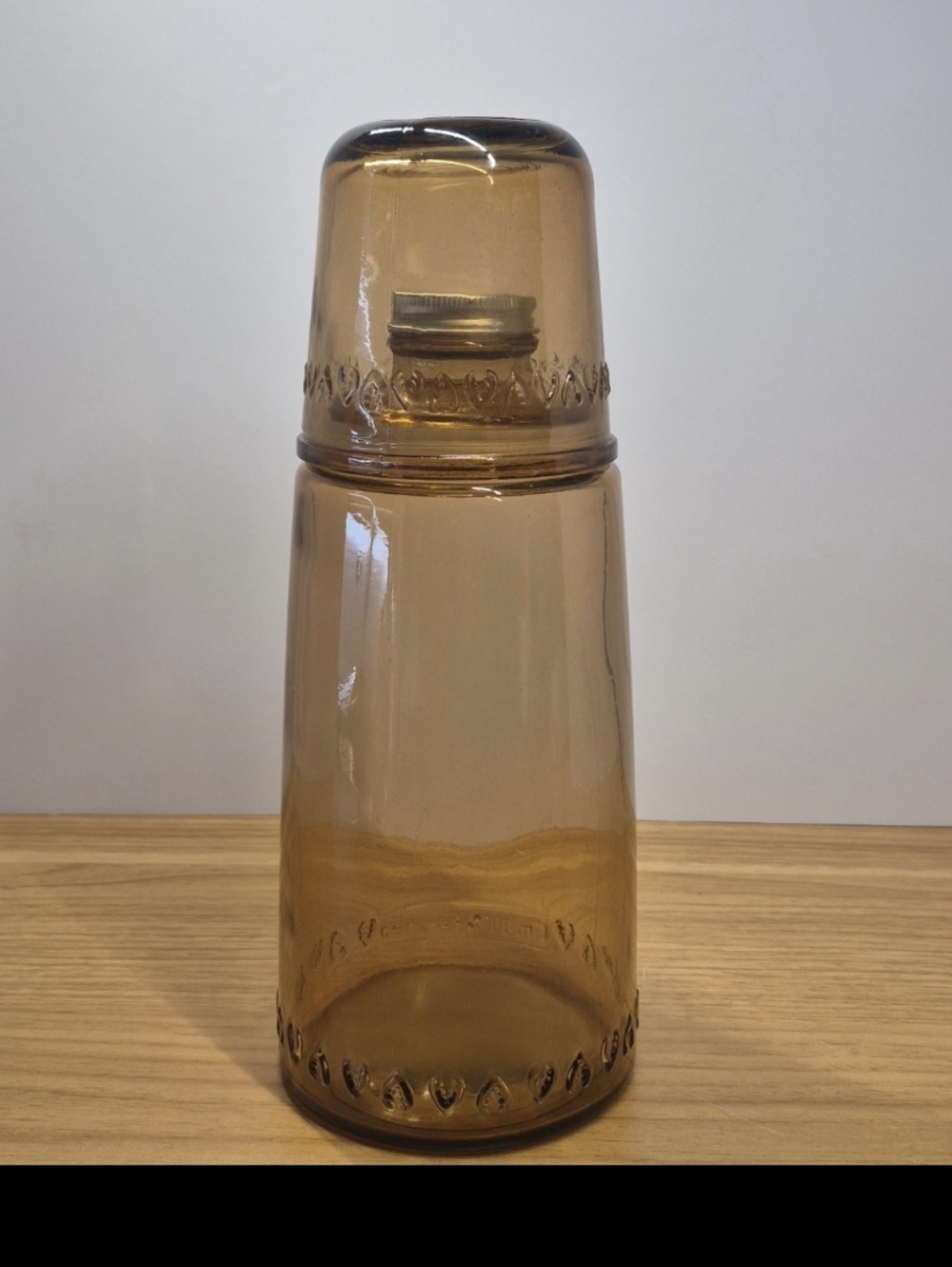 Vintage Amber Stained Glass Bedside Tumble-Up Heart Vine Carafe Set - Picture 3 of 11